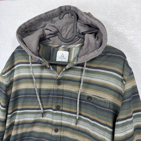 ASCEND Mens Medium Long Sleeve Hooded Shirt Jacket Shacket Green Black Stripe - Picture 4 of 12